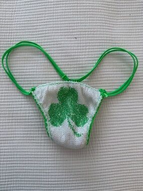 PINK Victoria's Secret White Sequin Thong with Bright Green Trim